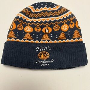 NWOT Tito’s Handmade Vodka Knit Beanie Hat Cap Winter Blue Orange White Lined